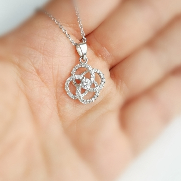 Sterling Silver CZ Clover Flower Pendant Necklace - Picture 4 of 6